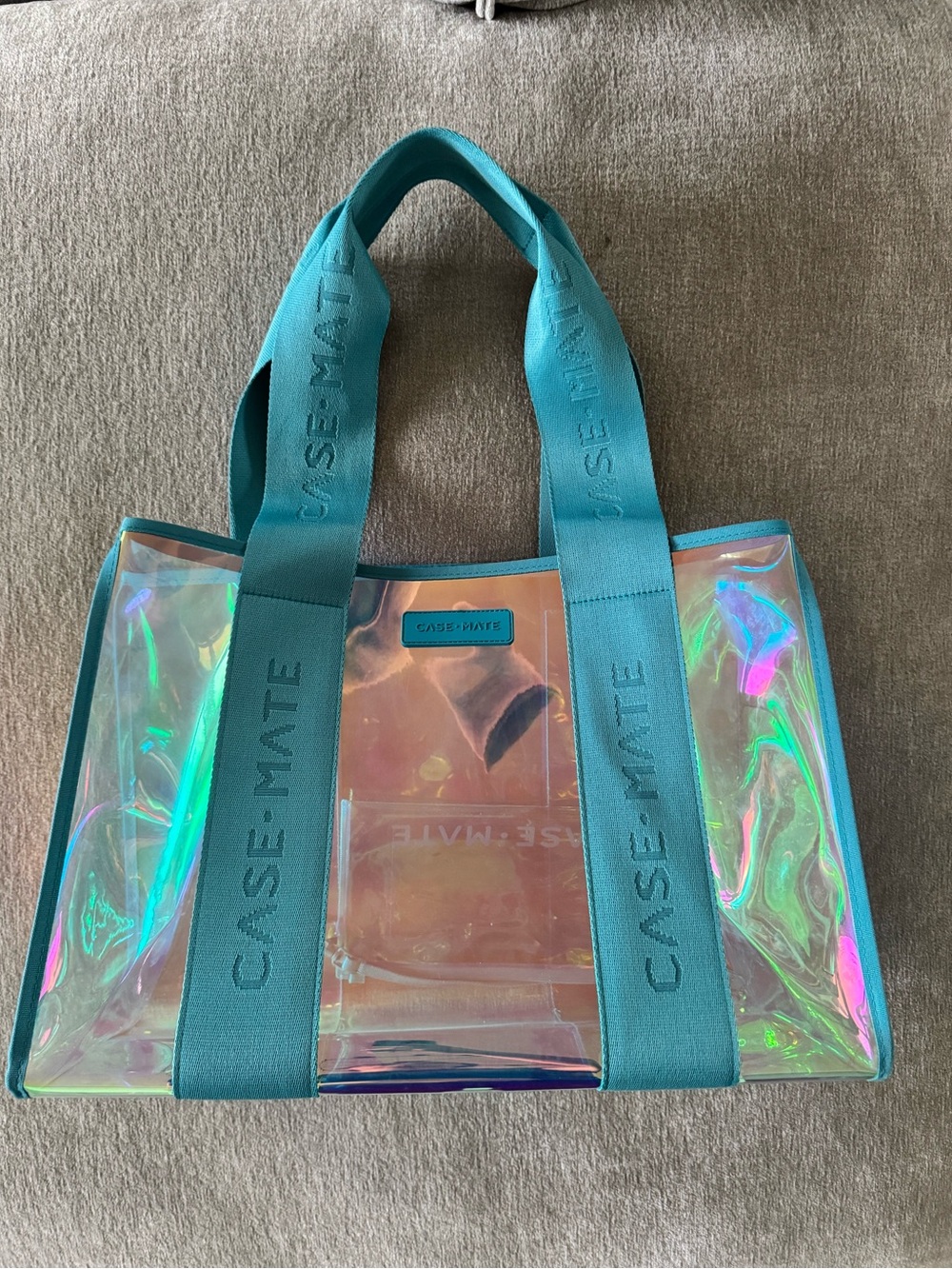 case-mate Iridescent Clear Tote with Teal Straps New Without tags